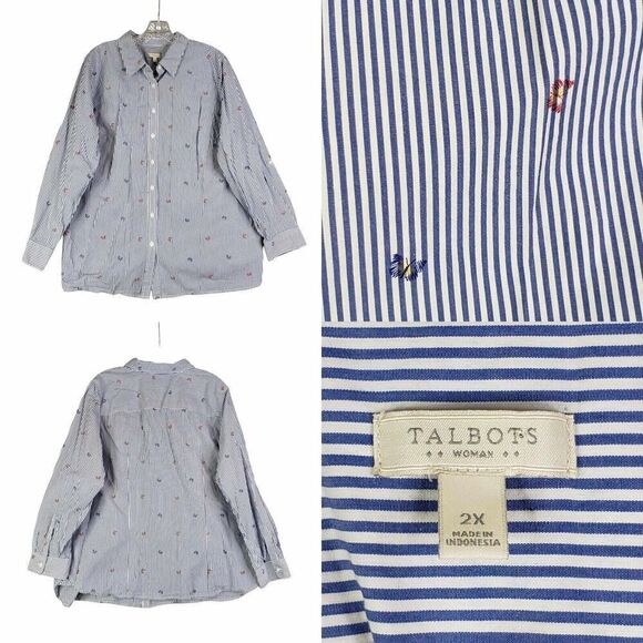Talbots Shirt Women's Button Down Long Sleeve Blue Size 2X Butterfly Striped - Picture 1 of 9